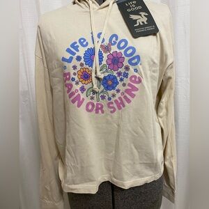NWT Large Life is Good Rain or Shine Cropped Cream Hoodie Sweater